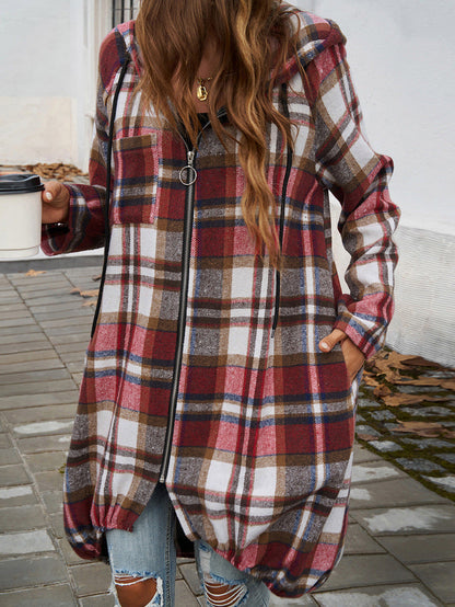 Loose Contrast Plaid Zipper Hooded Long Jacket