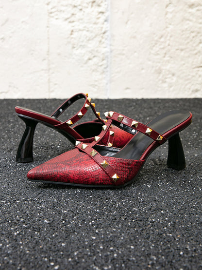 Burgundy metal rivet thin strap high heels mules