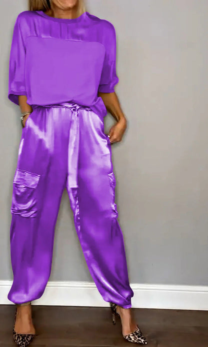 Smooth Satin Half-sleeved Top and Pant Suit Two-piece