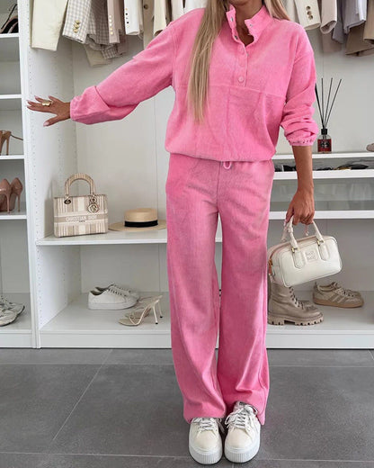 Button-down stand-up collar sweatshirt jacket and trousers Two-piece set