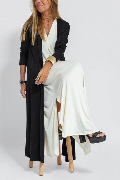 Elegant V-neck Sleeveless Long Dress Matching Vest Cardigan