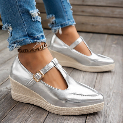 Metallic upper round toe T-strap wedge shoes
