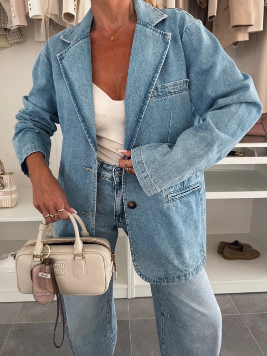Casual Loose Washed Blue Denim Suit Jacket