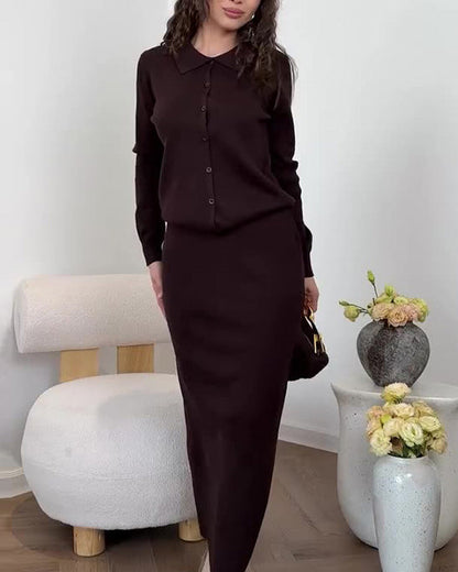 Solid color long-sleeved polo shirt straight skirt two-piece suit