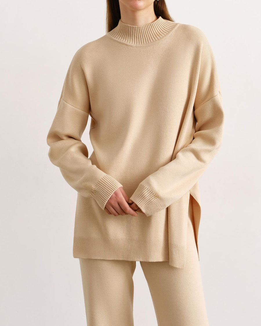 Solid Color Knitted Turtleneck Slit Sweater Set