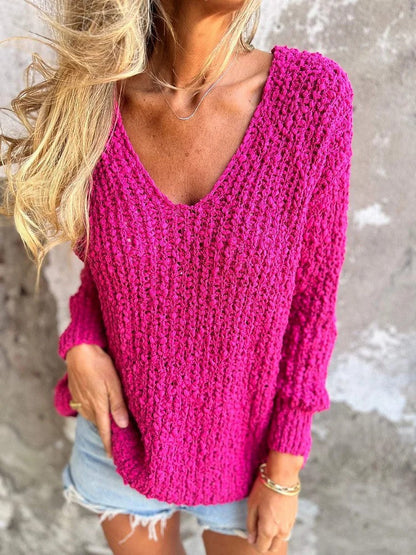 Chunky knitted V-neck cozy long-sleeved sweater