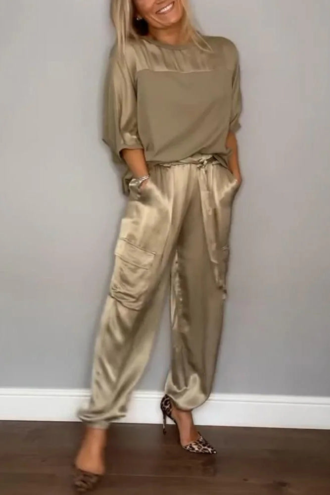 Smooth Satin Half-sleeved Top and Pant Suit Two-piece
