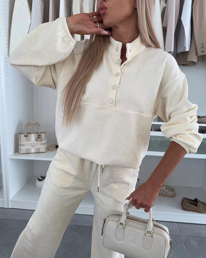 Button-down stand-up collar sweatshirt jacket and trousers Two-piece set