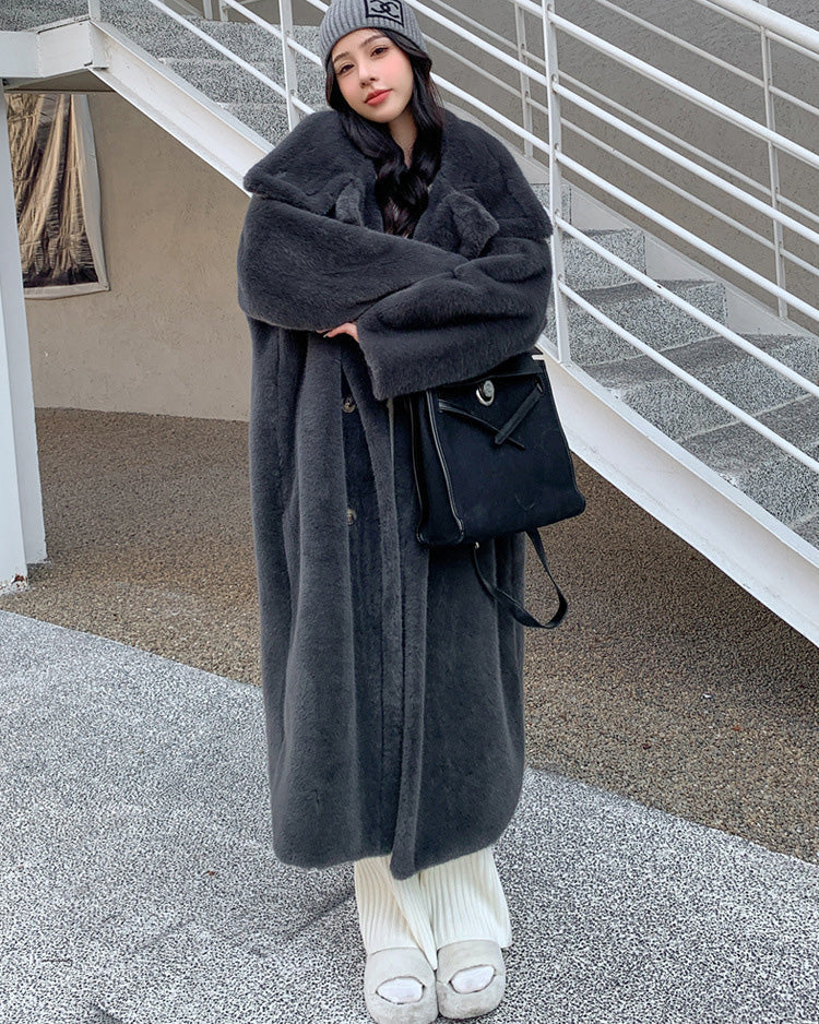 High stand-up collar double-breasted Faux Mink Fur Long Coat