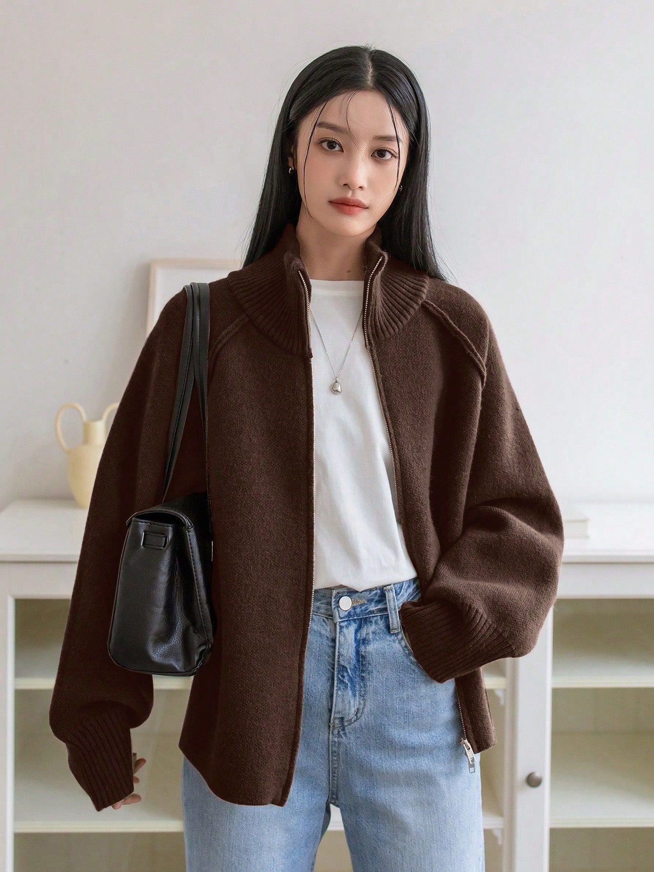 Cozy solid color stand collar zipper knitted cardigan top