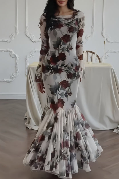 Romantic floral print long-sleeved maxi dress