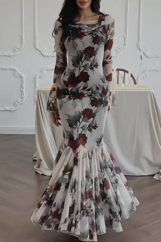 Romantic floral print long-sleeved maxi dress