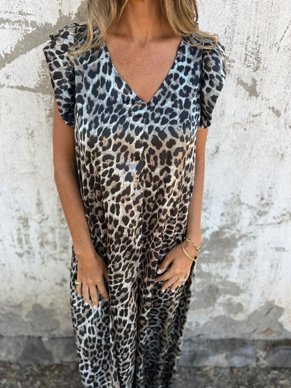 V-neck leopard print loose wide-leg jumpsuit