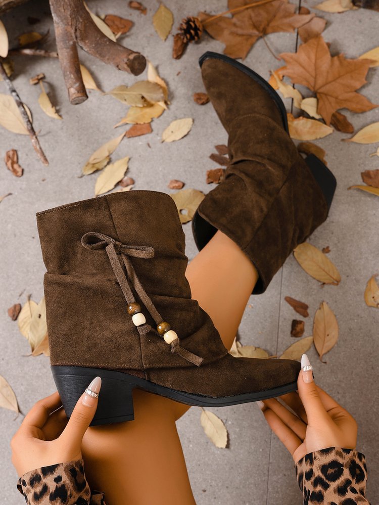 Side bow tie embellishment suede ankle boots