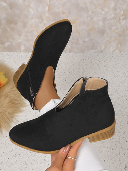 Side zipper round toe suede square heel ankle boots