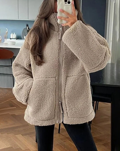 Loose stand-up collar double-ended zipper fleece cardigan jacket