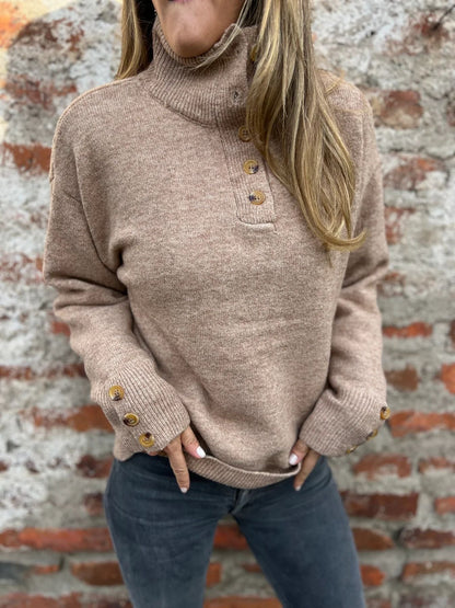 Stand collar solid color button loose sweater