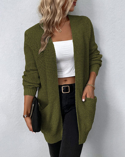 Solid color pocket mid-length knitted cardigan