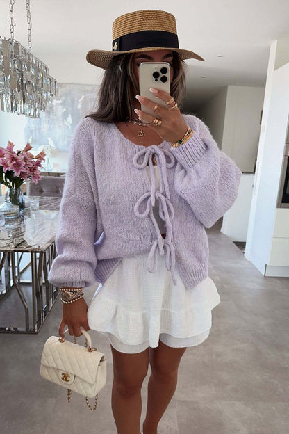 Crew neck tie cropped knitted cardigan