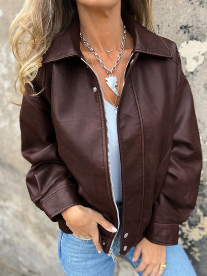 Retro loose PU motorcycle bomber jacket