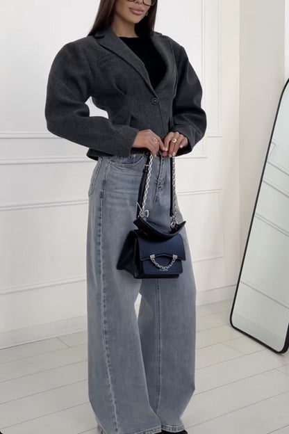 Sweet short single-breasted one-button long-sleeved suit collar woolen coat