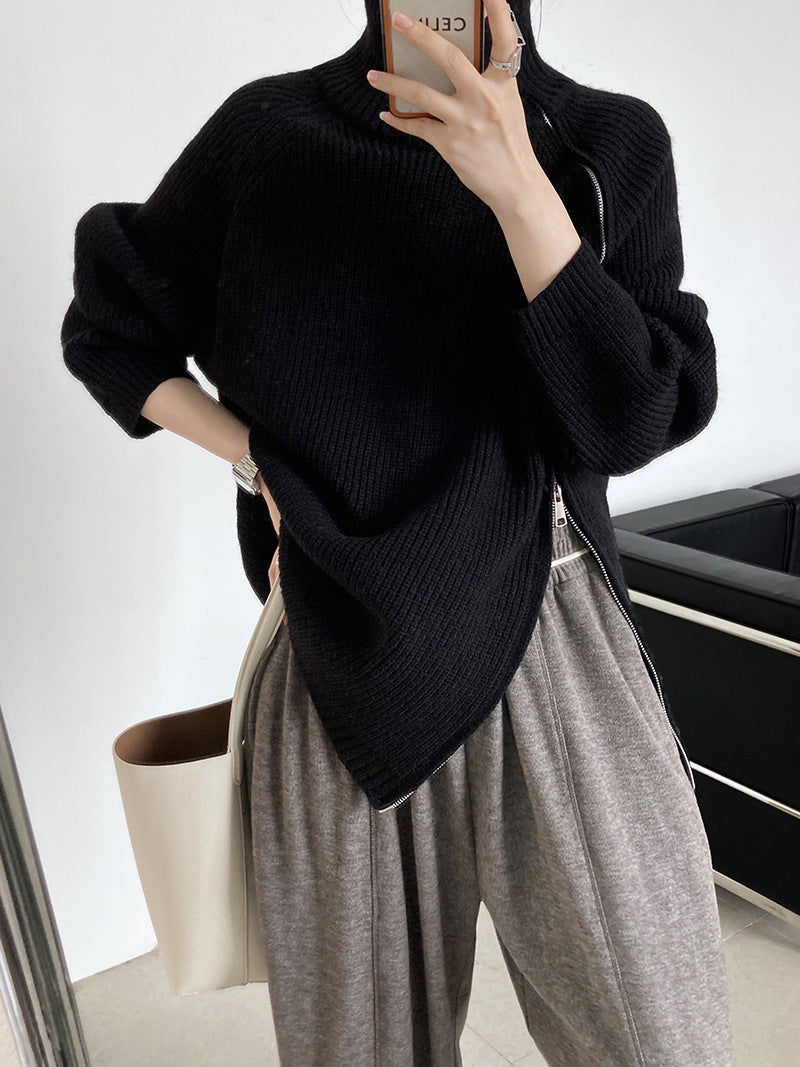 Turtleneck side zip solid color knit sweater