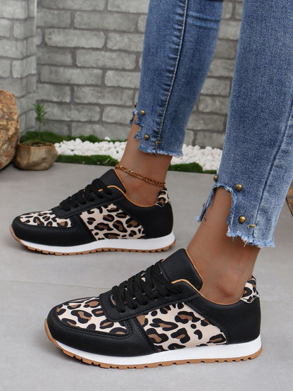 Lace-Up flat shoes with TPR Sole All-Season Leopard Print sneakers