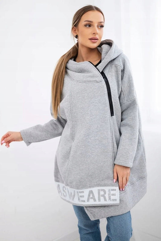 Diagonal zipper Printed logo Loose mid-length hooded fleece jacket