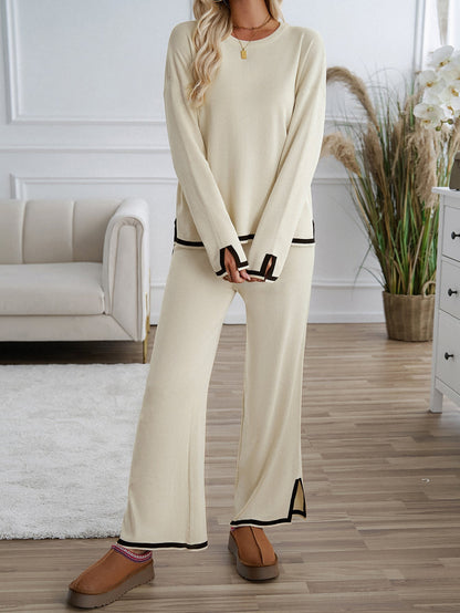 Contrasting trim Solid color knitted sweater and pants set