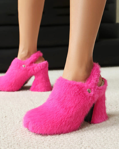 Chunky heeled platform furry shoes