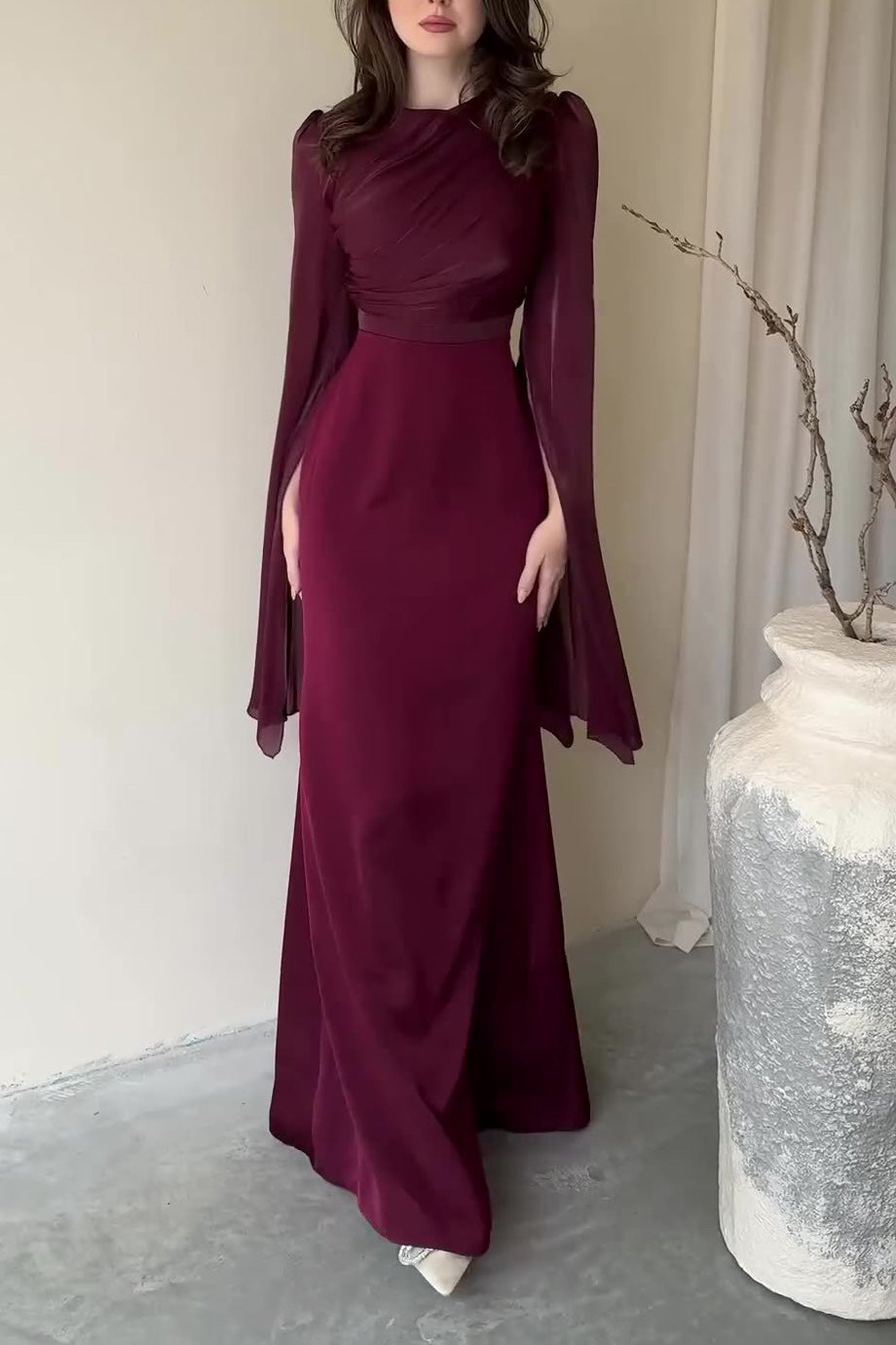Mesh flared sleeves satin long slim dress