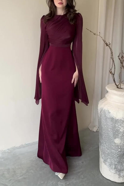 Mesh flared sleeves satin long slim dress