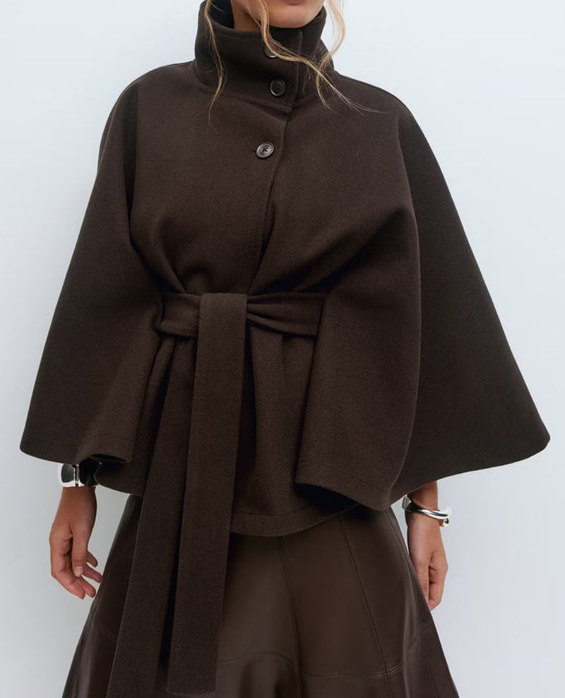 Solid color stand collar button belt cape trench coat