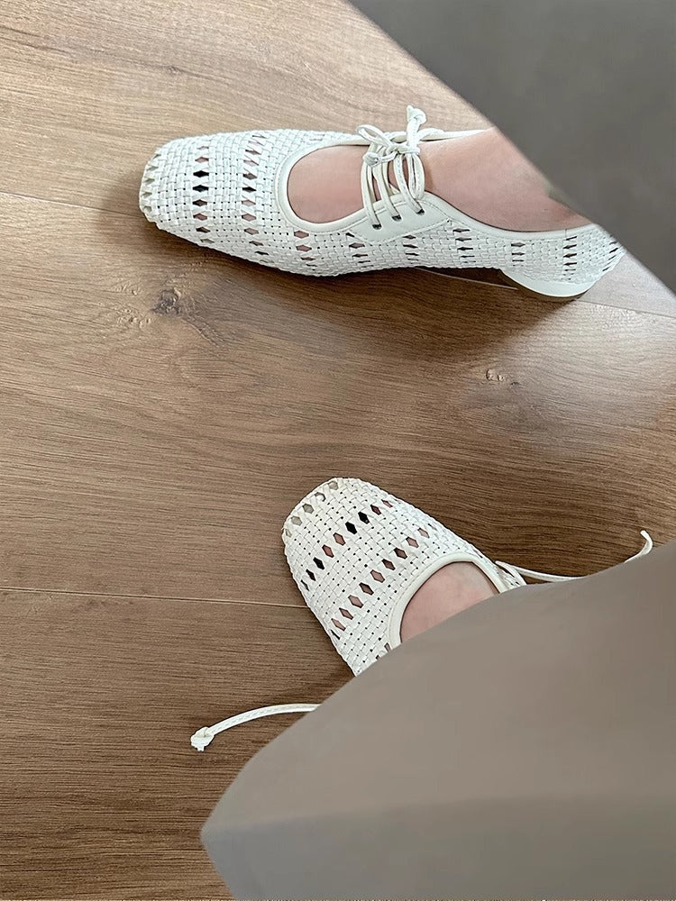 Vintage woven hollow lace-up square toe chunky heel Mary Jane shoes