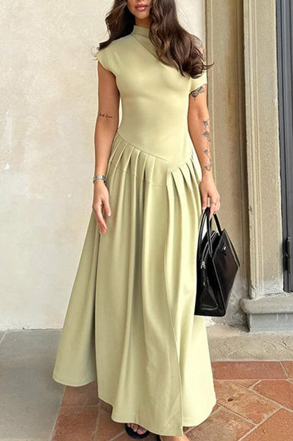Temperament solid color long one-shoulder pleated dress