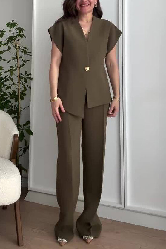 Irregular V-neck top and high-waisted trousers two-piece suit
