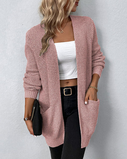 Solid color pocket mid-length knitted cardigan