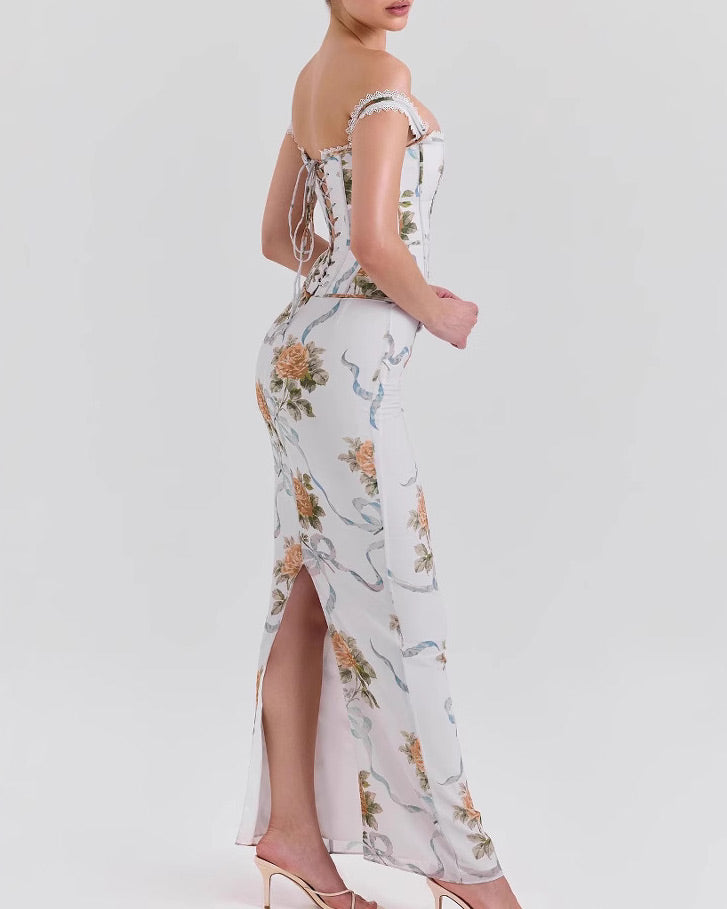 Off-the-shoulder herringbone tube top print dress