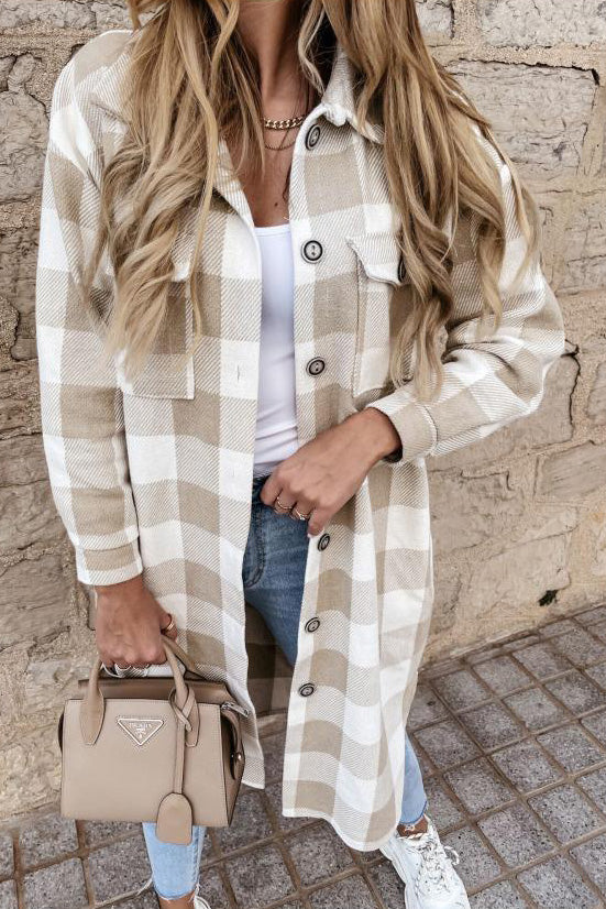 Long lapel single-breasted plaid shirt jacket