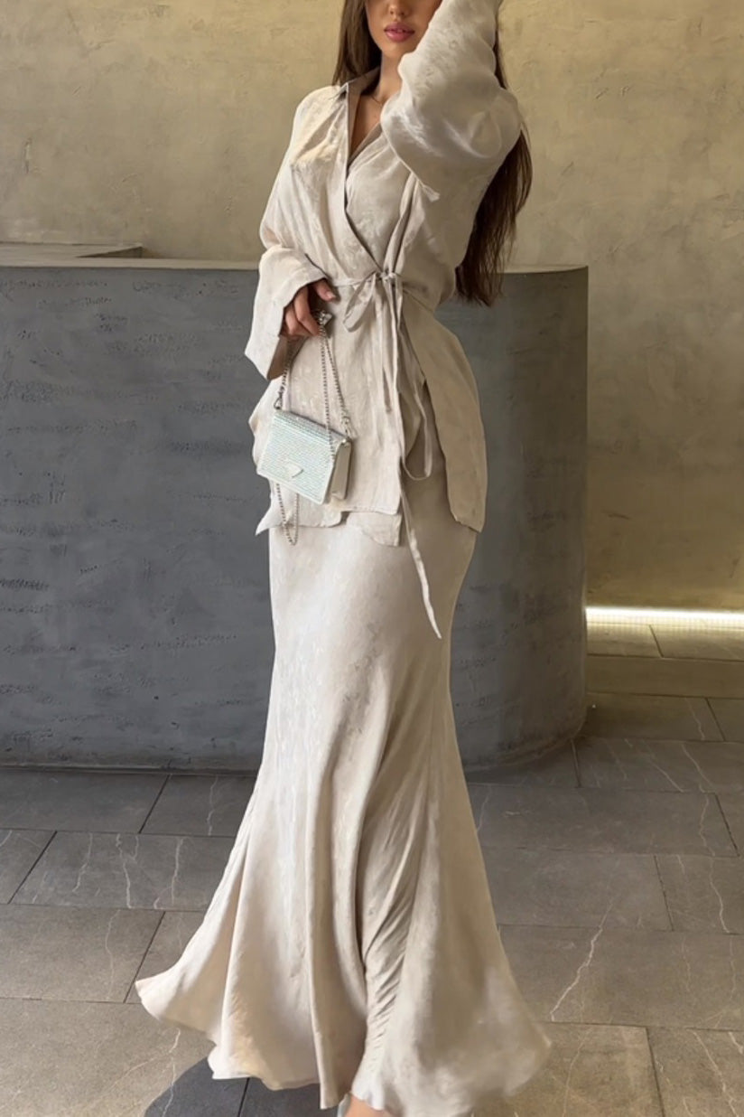 Drape Tie Shirt Top and Skirt Two-Piece Set