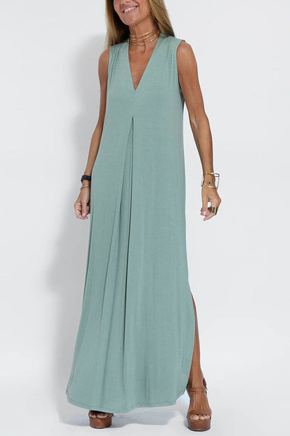 Elegant V-neck Sleeveless Long Dress Matching Vest Cardigan