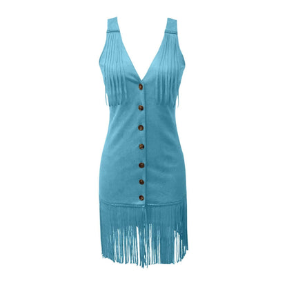 Fringe Suede Mini Dress with Buttons for Women - Clara