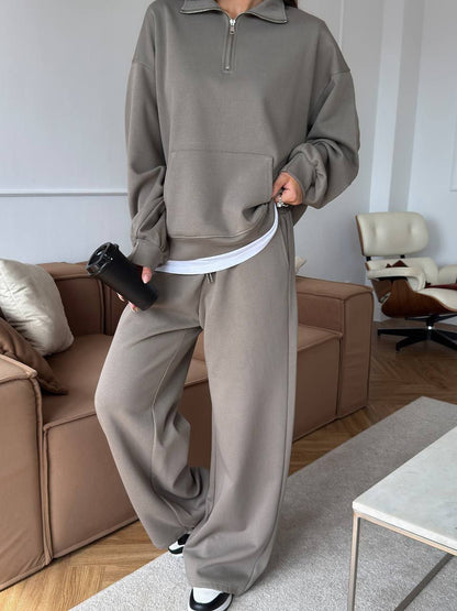 Zippered half-high collar pullover sweatshirt and wide-leg pants two-piece suit