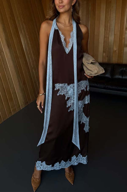 Satin paneled sleeveless top and skirt two-piece set