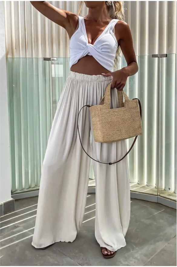 Elastic waistband high waist pleated wide leg pants