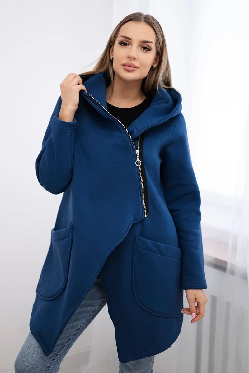 Asymmetric zip-up hooded mid-length fleece sweatshirt jacket