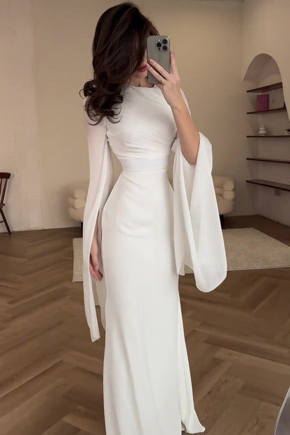 Mesh flared sleeves satin long slim dress