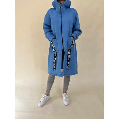 Chic pockets design High collar Long hooded sweatshirt jacket