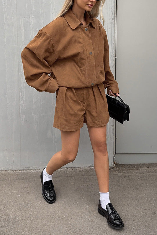 Vintage loose brown suede lapel jacket and shorts two-piece set