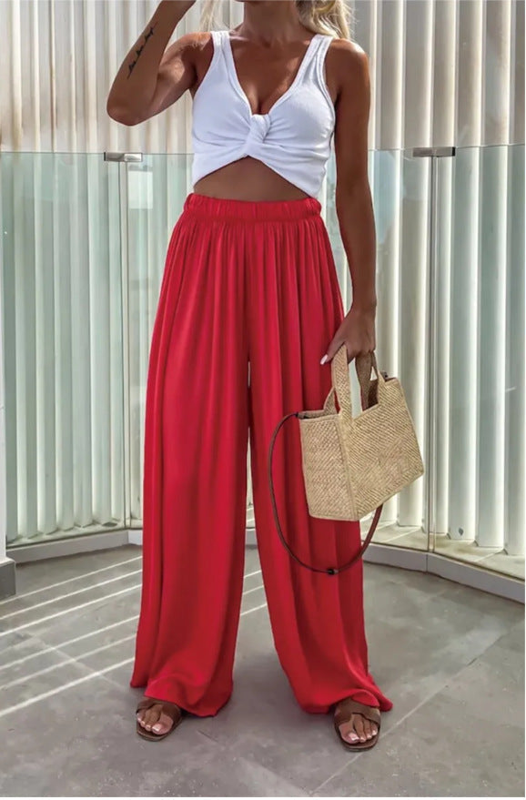 Elastic waistband high waist pleated wide leg pants